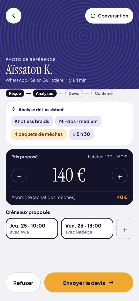 Application gérant : détail de la demande et validation du devis